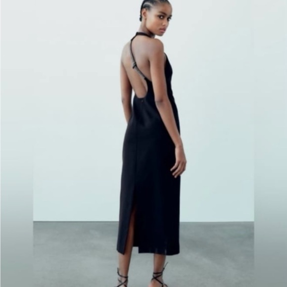 Zara Woman Rhinestone Shiny Back Cord Details Black Halter Dress Size M - Picture 1 of 15